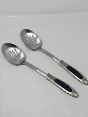 2x INOX Edelstahl Rostfrei Stainless Steel Slot Spoon 18/8 Soft Grip Hang 13.5”